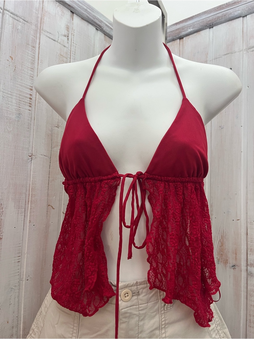 Garage Red Lace Halter Babydoll Bandeau Top